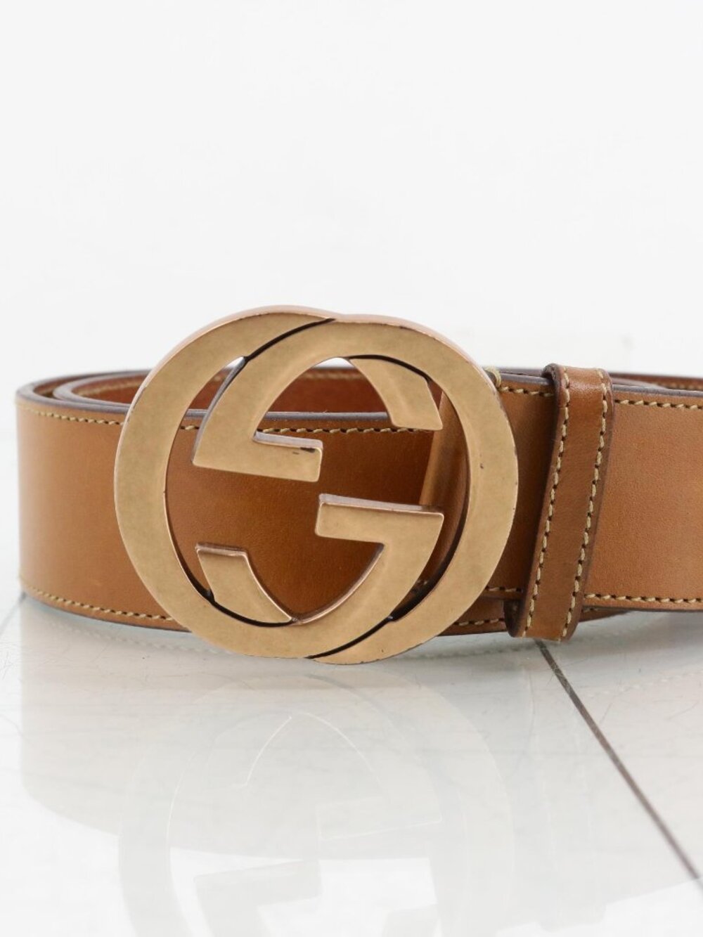 Gucci Tan Leather Belt with Gold Double G Buckle